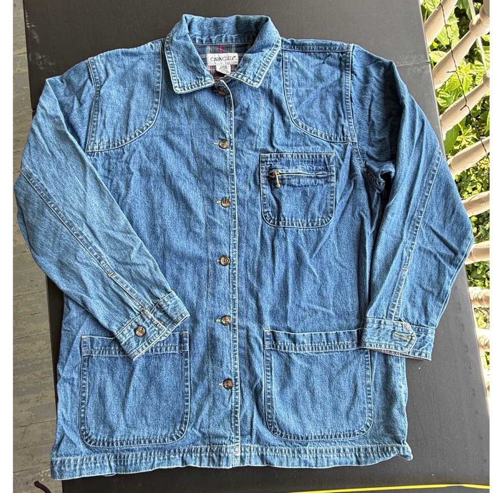 Cabin Creek Denim Barn Jacket Blue Cotton Plaid Lined Chore Coat Womens Large